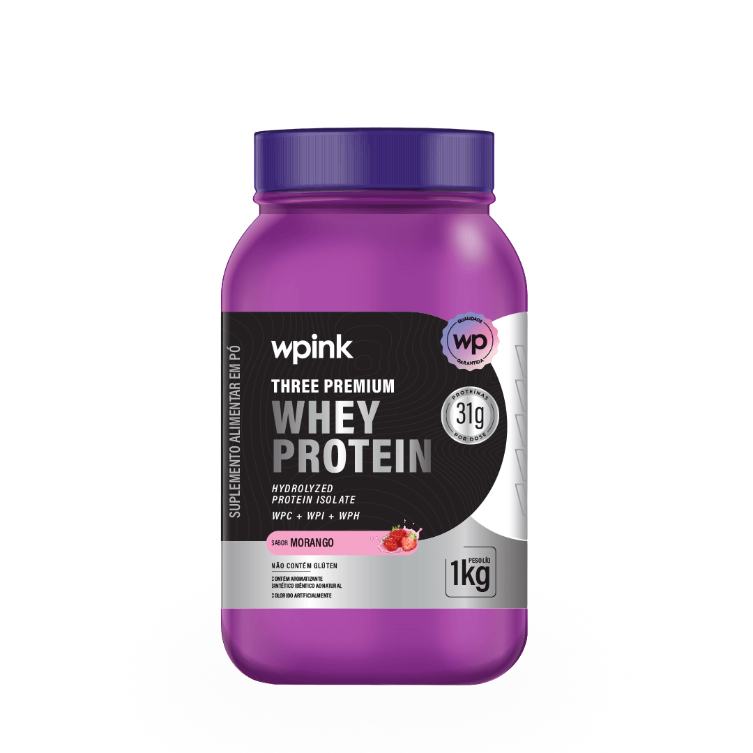 THREE PREMIUM WHEY PROTEIN MORANGO - WPINK SUPLEMENTOS